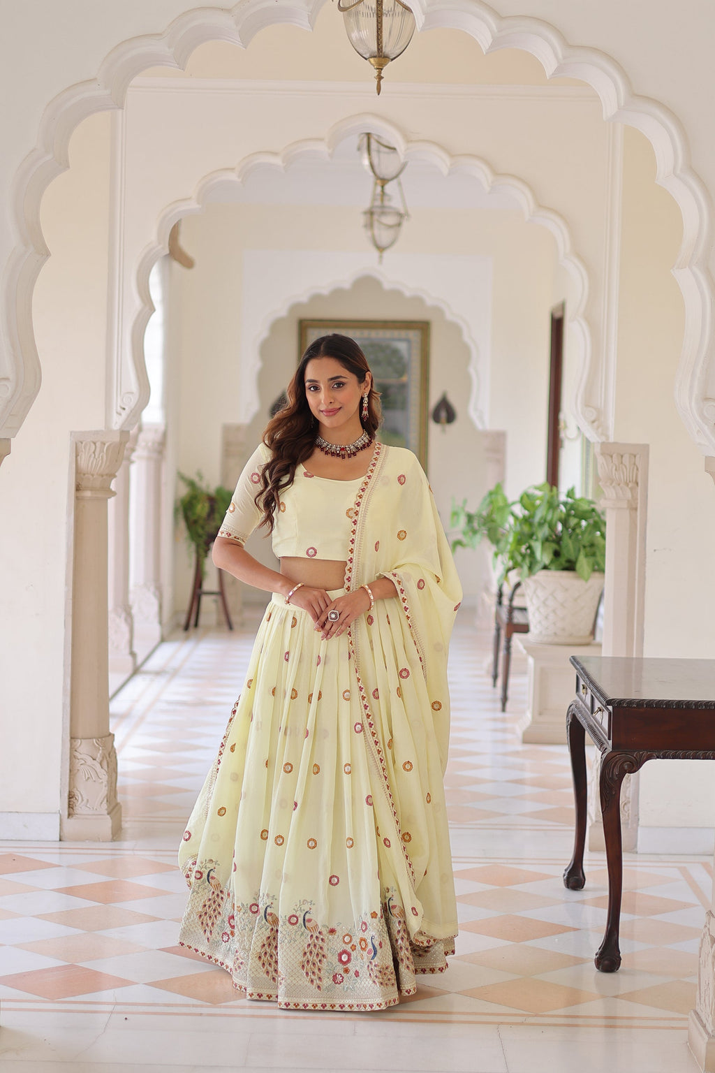 Cream Vichitra Silk Lehenga Choli with Sequins and Zari Embroidery