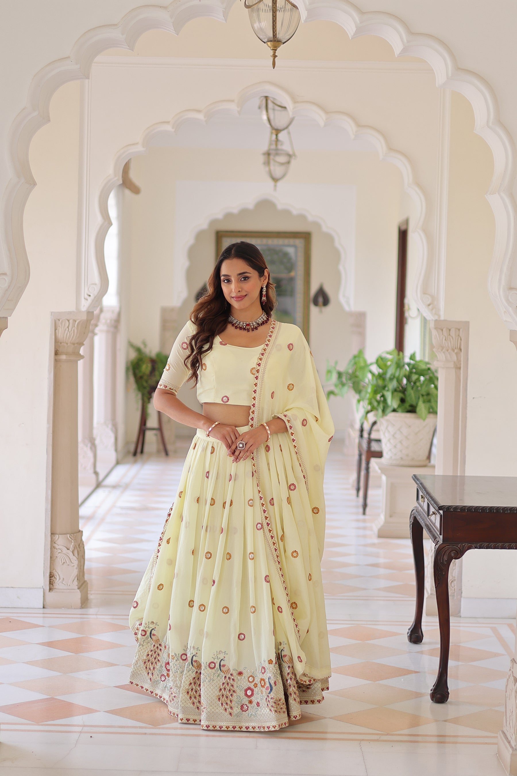 Cream Vichitra Silk Lehenga Choli with Sequins and Zari Embroidery
