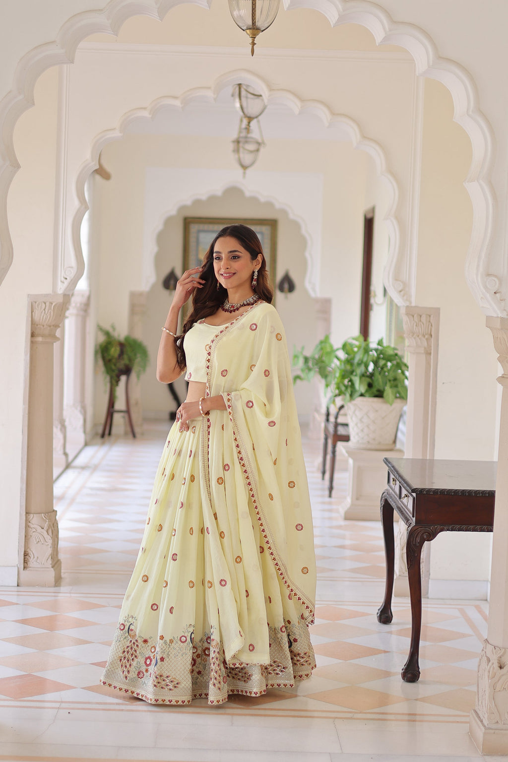 Cream Vichitra Silk Lehenga Choli with Sequins and Zari Embroidery