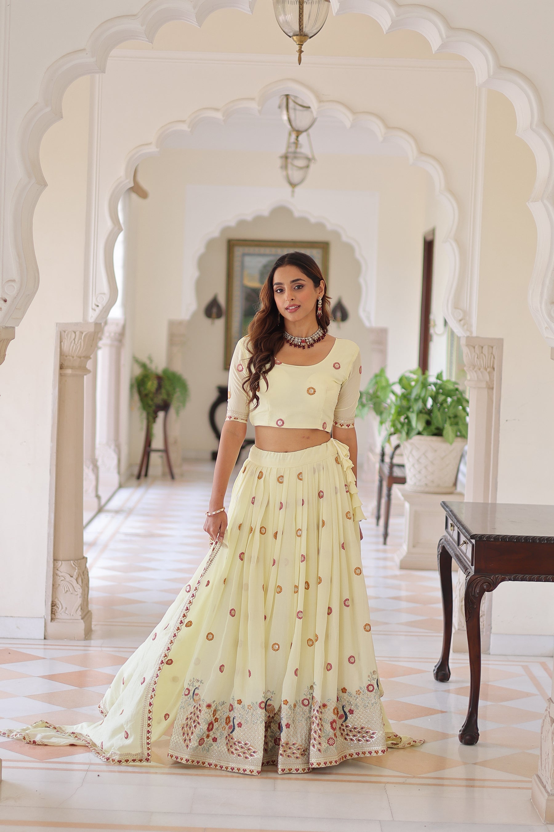 Cream Vichitra Silk Lehenga Choli with Sequins and Zari Embroidery