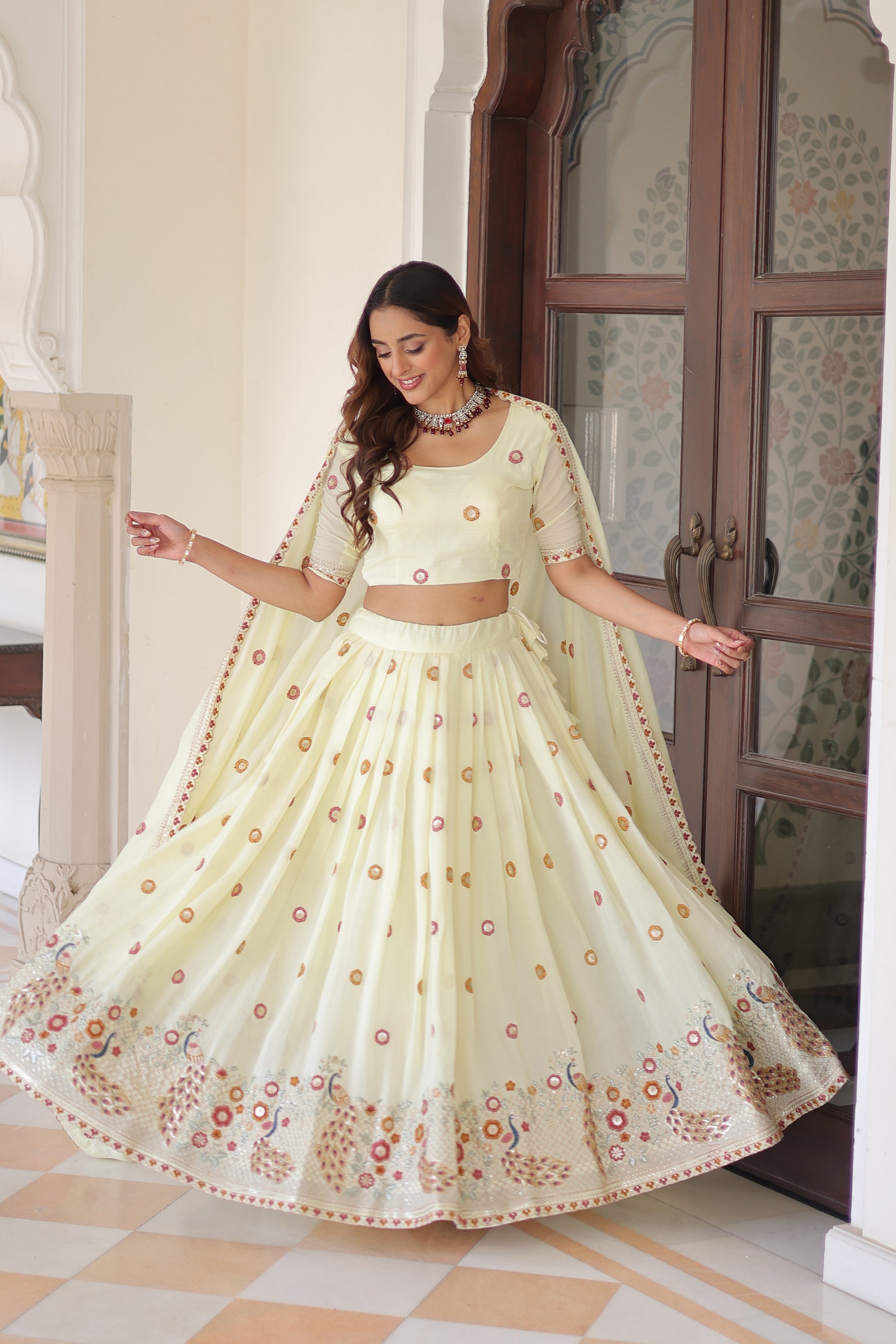 Cream Vichitra Silk Lehenga Choli with Sequins and Zari Embroidery