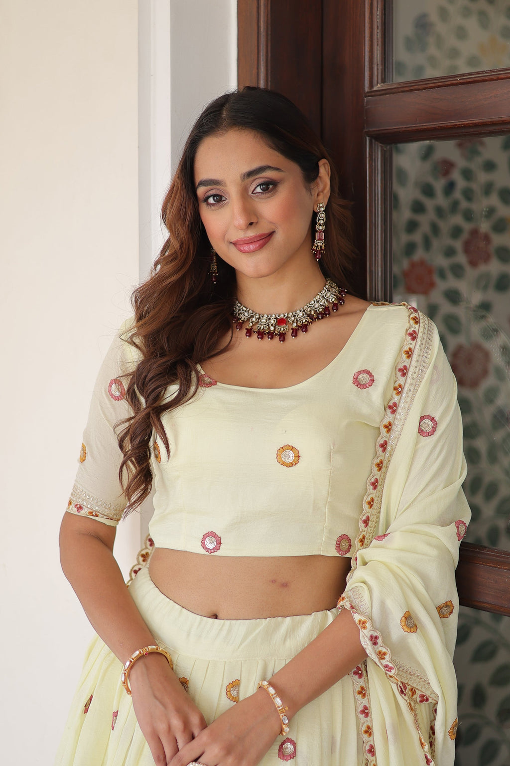 Cream Vichitra Silk Lehenga Choli with Sequins and Zari Embroidery