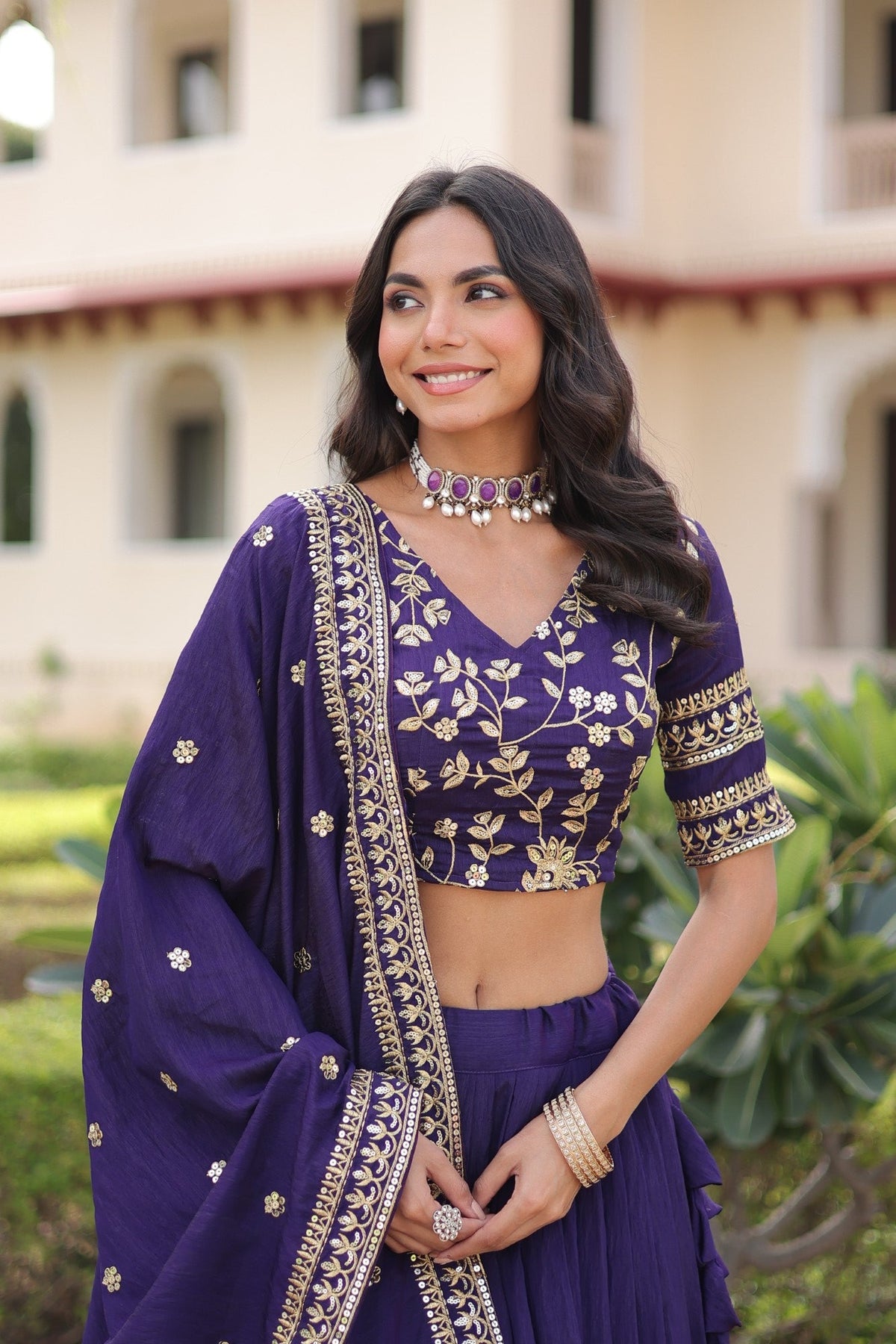 Purple NC Vichitra Silk Embroidered Lehenga Choli with Dupatta