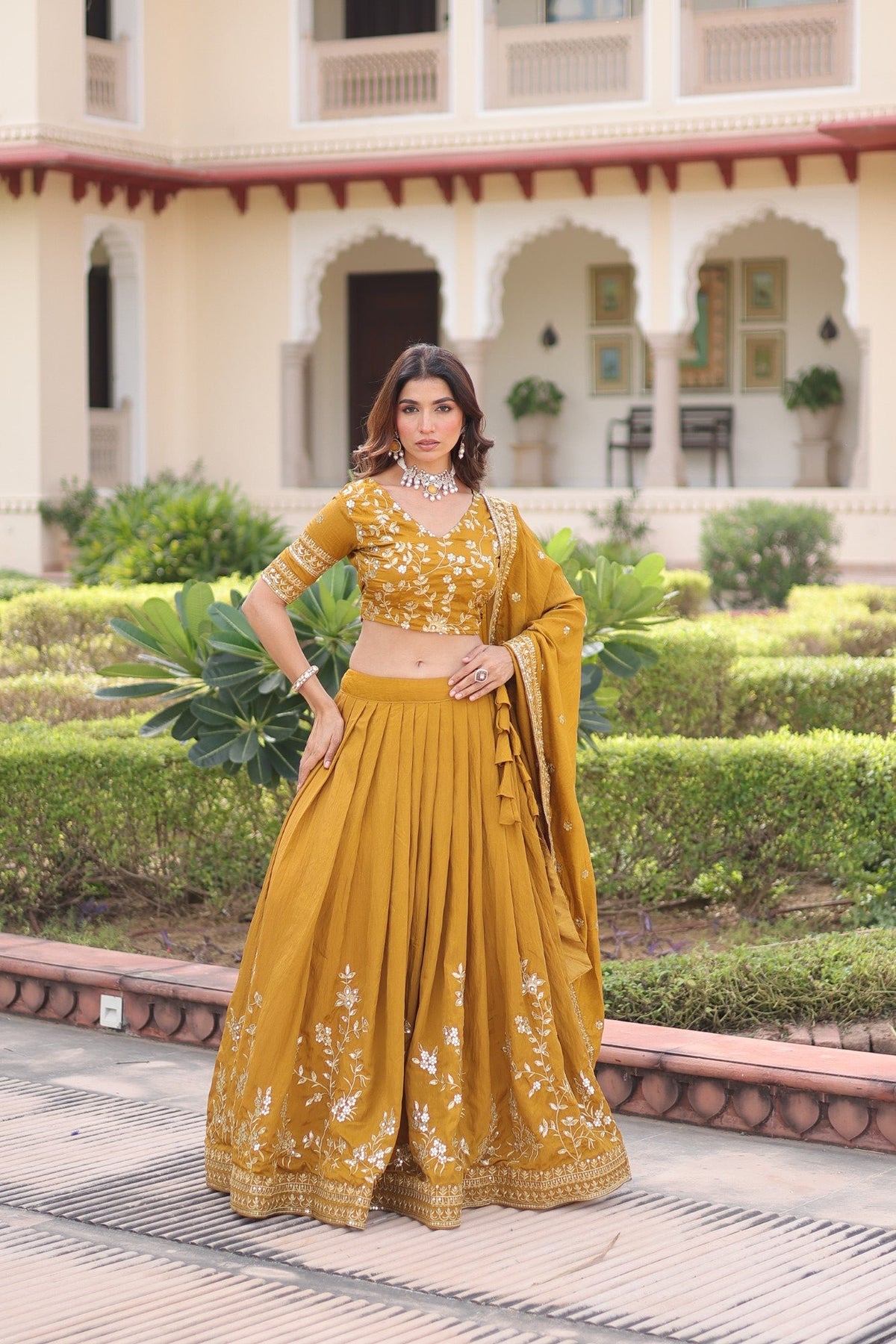 Yellow NC Vichitra Silk Lehenga Choli with Zari Embroidery