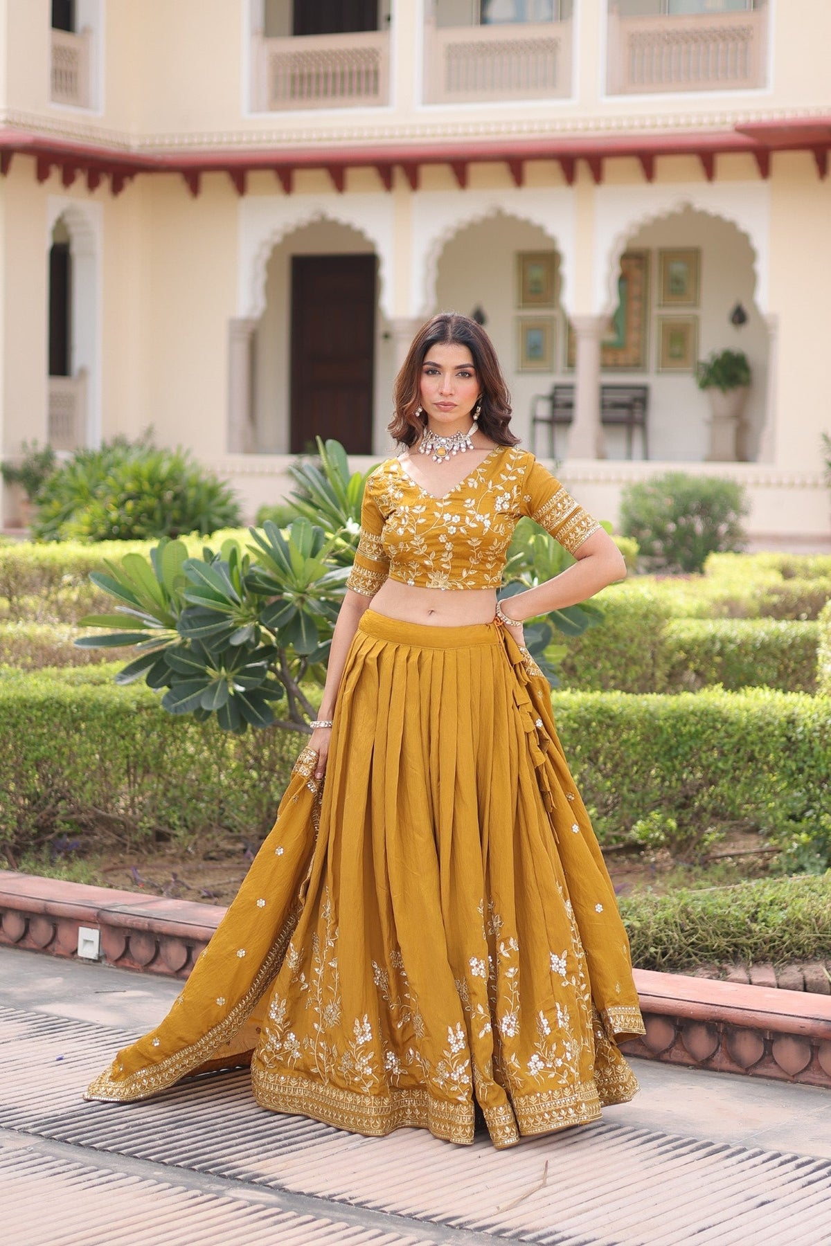 Yellow NC Vichitra Silk Lehenga Choli with Zari Embroidery
