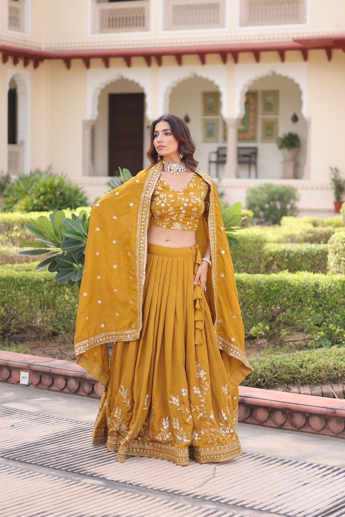 Yellow NC Vichitra Silk Lehenga Choli with Zari Embroidery