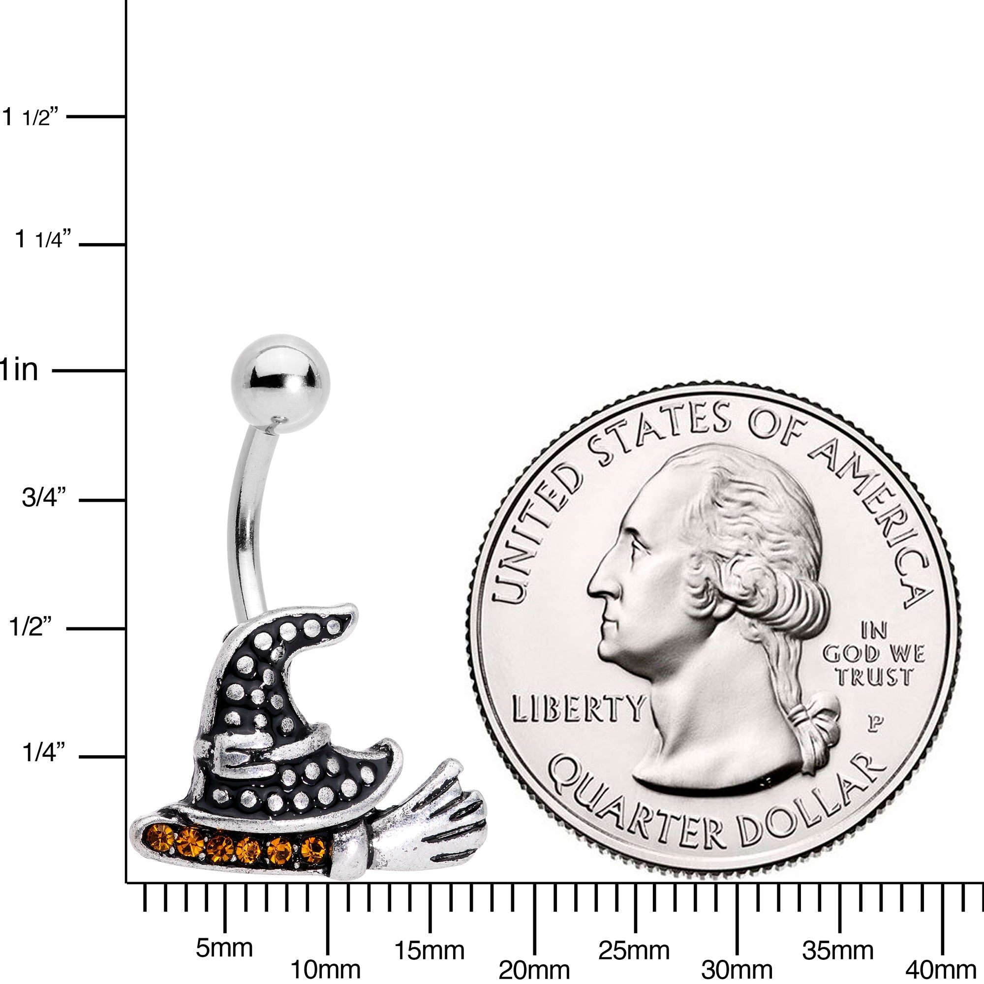 Yellow Gem Witch Hat and Broom Halloween Navel Belly Ring