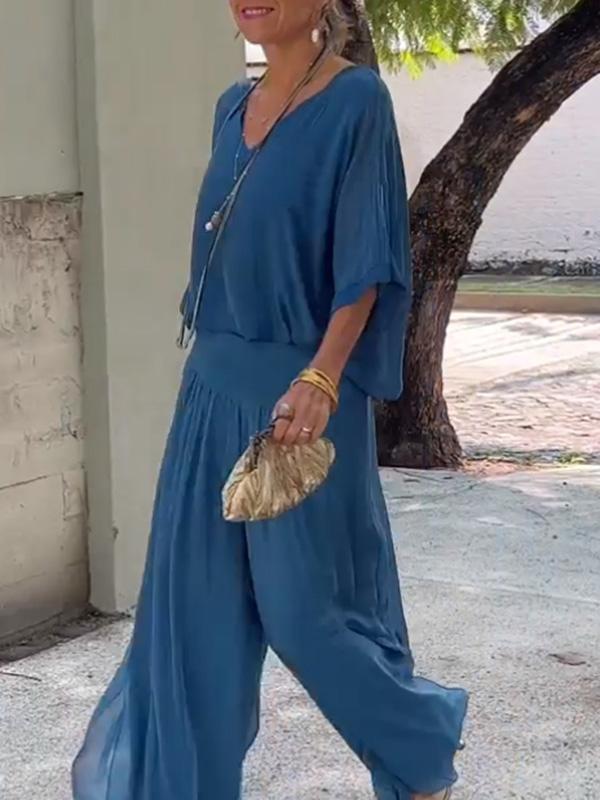 Solid Color Chiffon Two-Piece Set with V-Neck Top and Trousers - Image 9