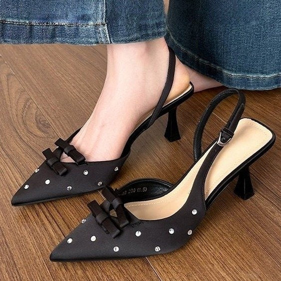 Women's Bowknot Rhinestone Slingback Stiletto Heels
