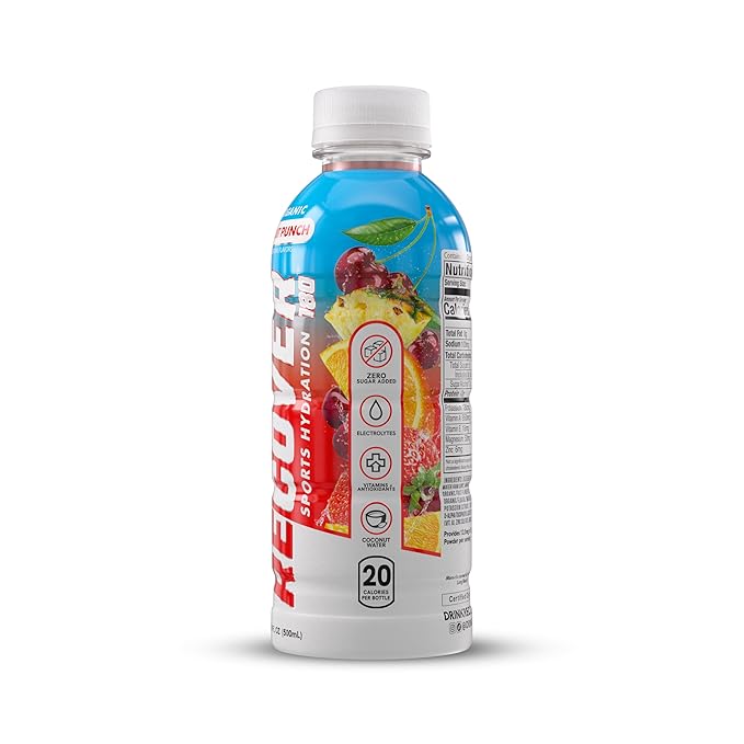 RECOVER 180 Organic Sports Hydration Drink, No Sugar Added, 20 Calorie Sports Beverage, Organic Flavors With Vitamins, Potassium-Packed Electrolytes (16.9 Fl Oz (Pack of 12), Fruit Punch)
