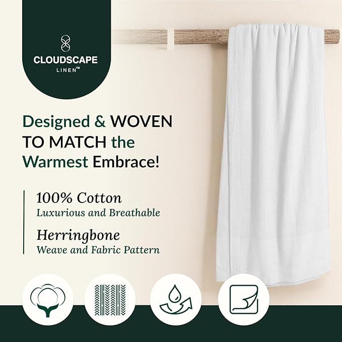 Cloud Scape Linen 100% Cotton Queen Size Blanket, Herringbone Pattern, Lightweight Summer Blanket,Best Gifts for Women, fits Full Size Bed, 92 x 92, White