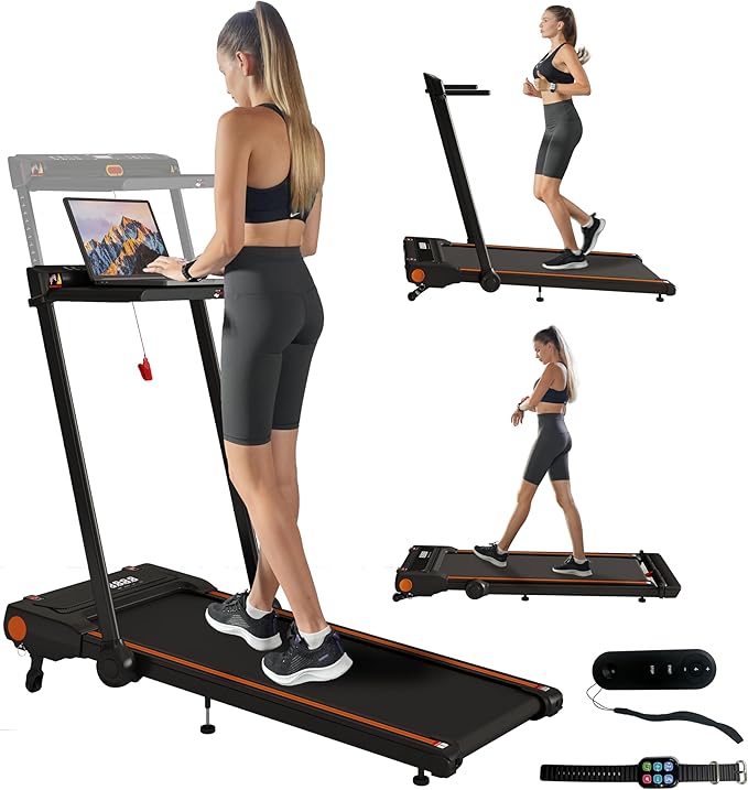 Foldable 3-in-1 treadmill with removable desk workstation for home office use
