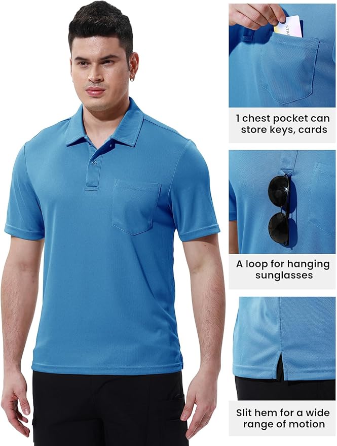 Men's Short Sleeve Quick Dry Polo Shirt with Chest Pocket for Golf