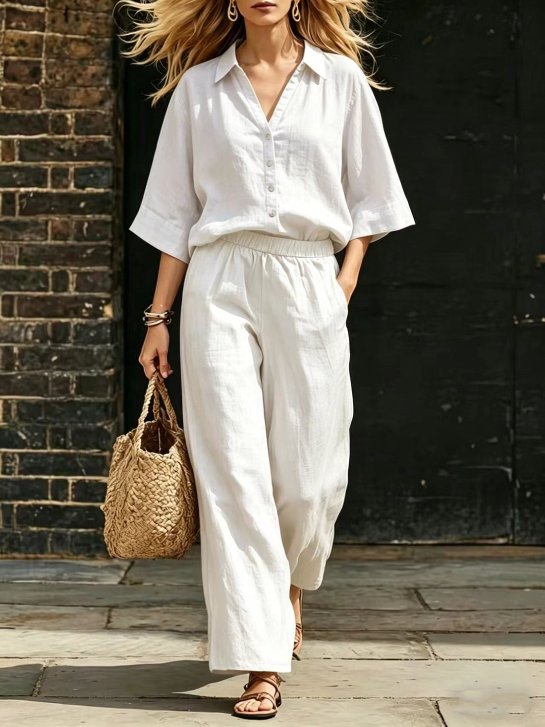 Women's Button-Down Shirt and Wide-Leg Pants Two-Piece Set - Image 9