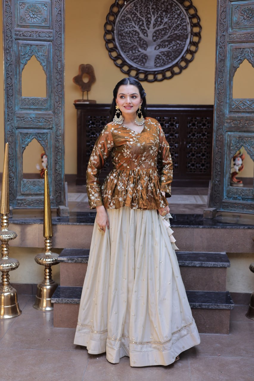 Offwhite Cosmos Fabric Lehenga Choli with Sequins and Zari