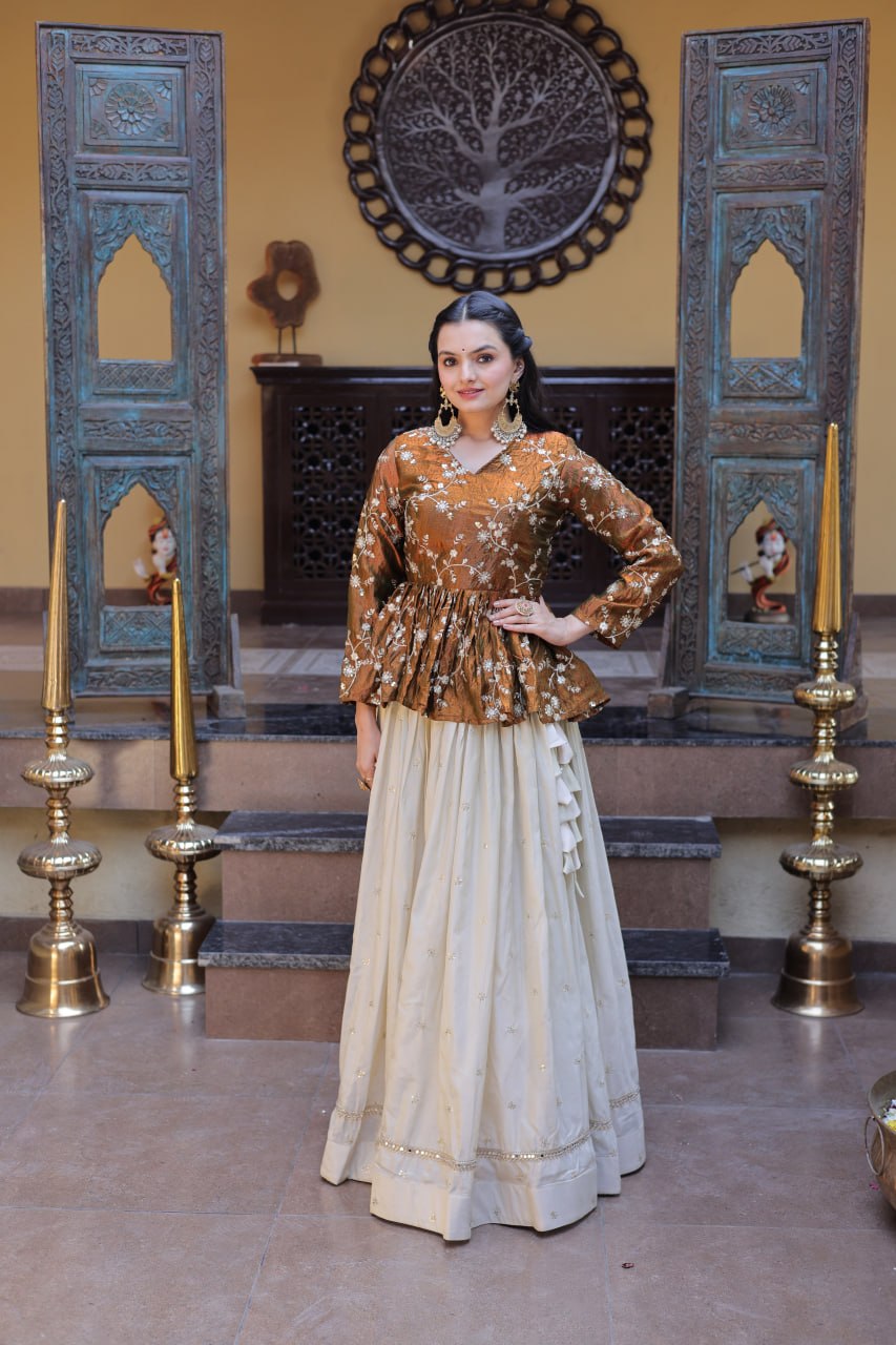 Offwhite Cosmos Fabric Lehenga Choli with Sequins and Zari