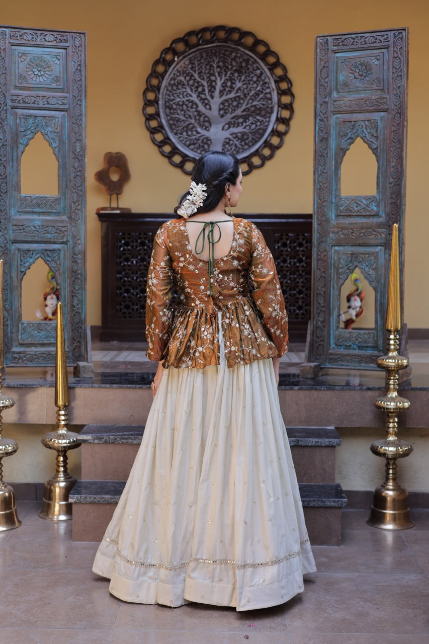 Offwhite Cosmos Fabric Lehenga Choli with Sequins and Zari