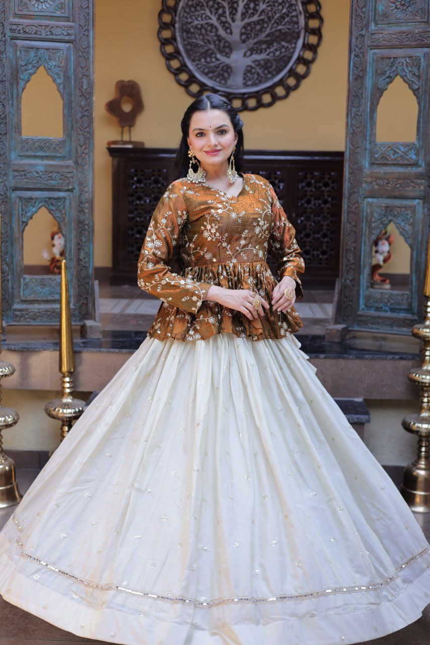 Offwhite Cosmos Fabric Lehenga Choli with Sequins and Zari
