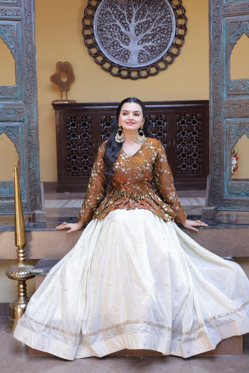 Offwhite Cosmos Fabric Lehenga Choli with Sequins and Zari