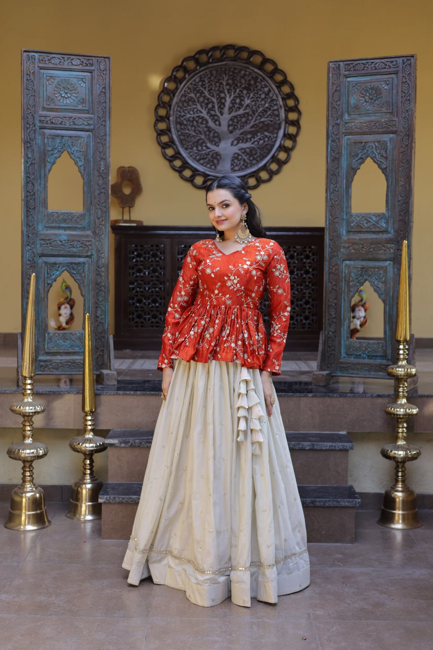 Offwhite Cosmos Fabric Lehenga Choli with Sequins and Mirror Lace