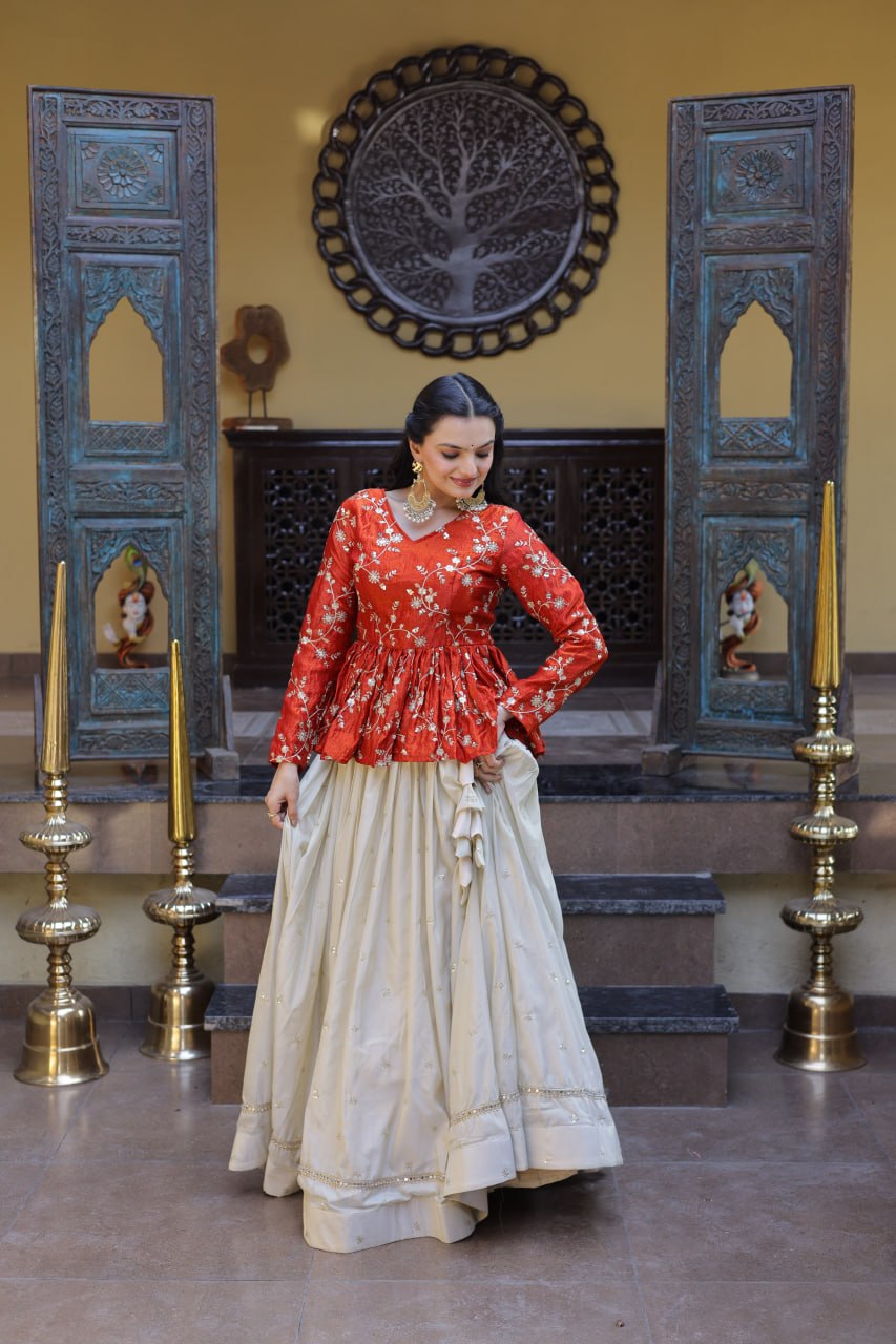 Offwhite Cosmos Fabric Lehenga Choli with Sequins and Mirror Lace