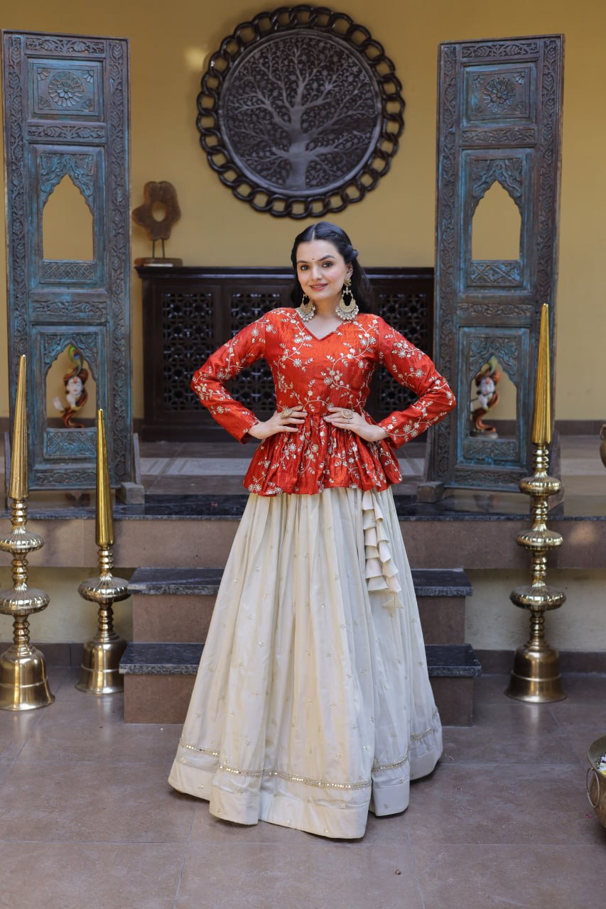Offwhite Cosmos Fabric Lehenga Choli with Sequins and Mirror Lace