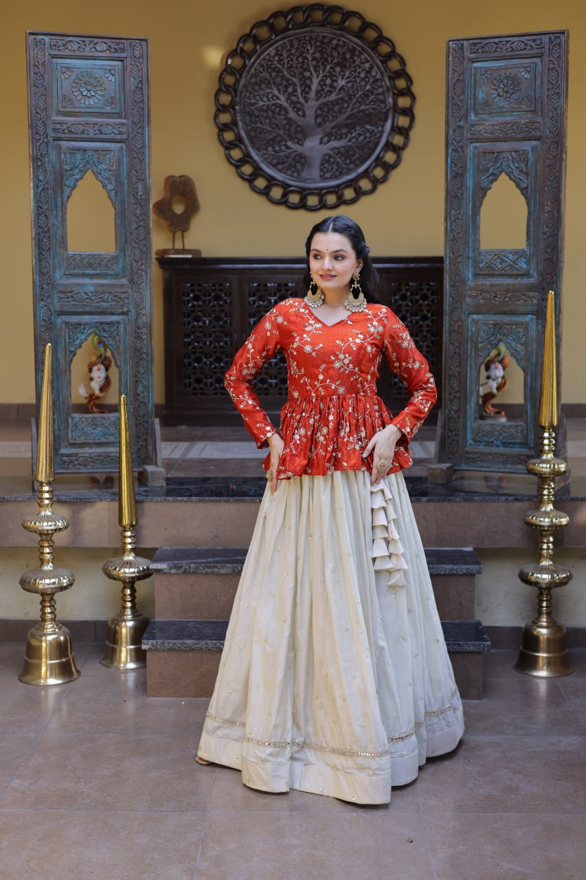 Offwhite Cosmos Fabric Lehenga Choli with Sequins and Mirror Lace