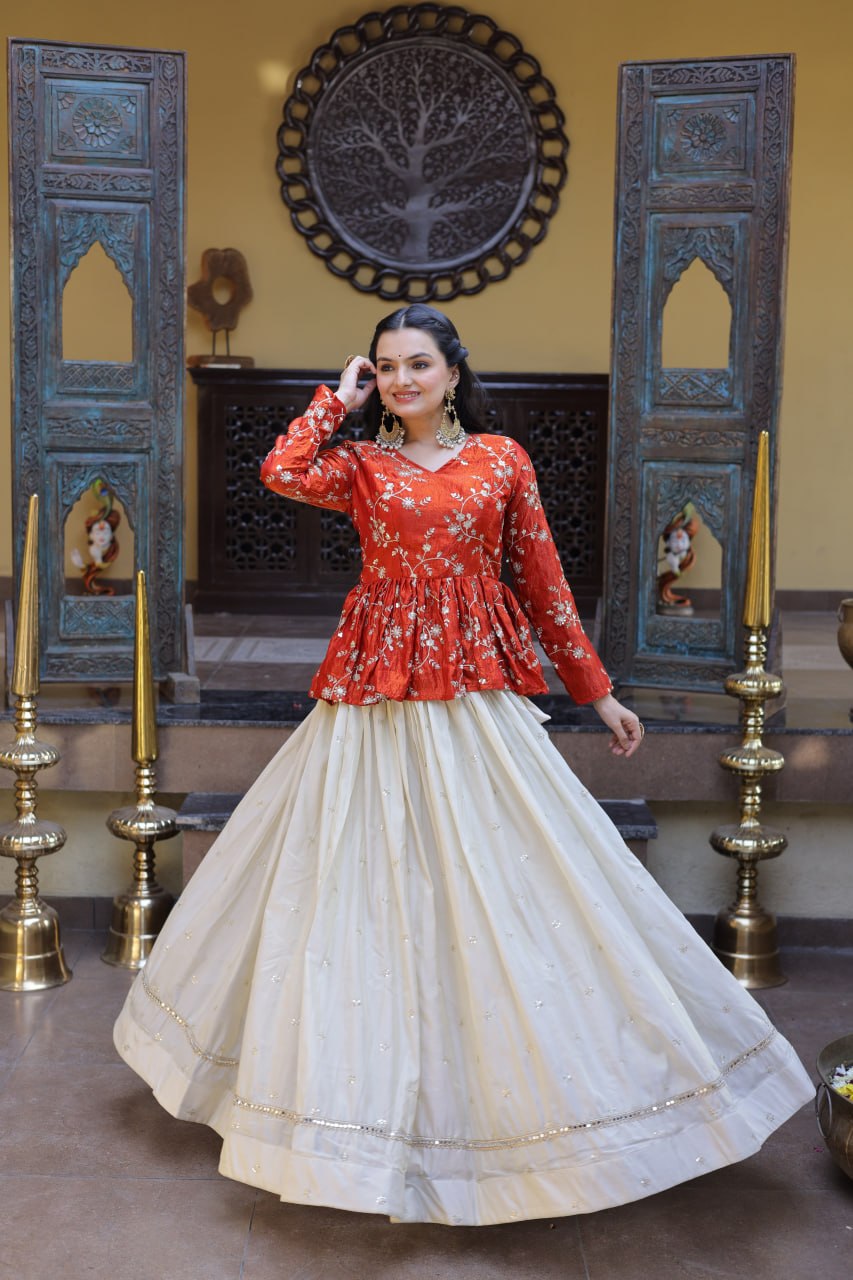 Offwhite Cosmos Fabric Lehenga Choli with Sequins and Mirror Lace