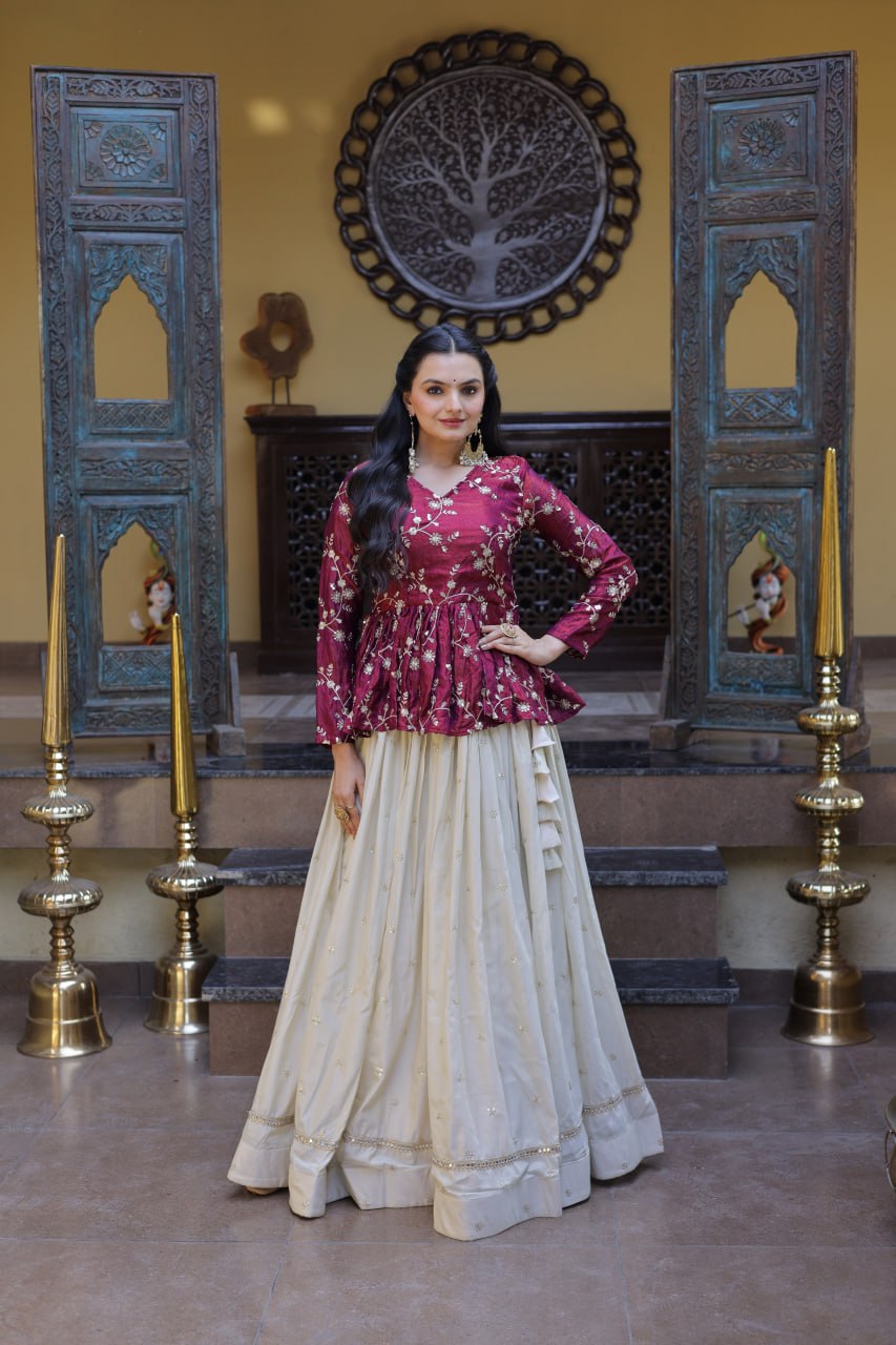 Offwhite Cosmos Lehenga Choli with intricate zari embroidery and mirror lace work