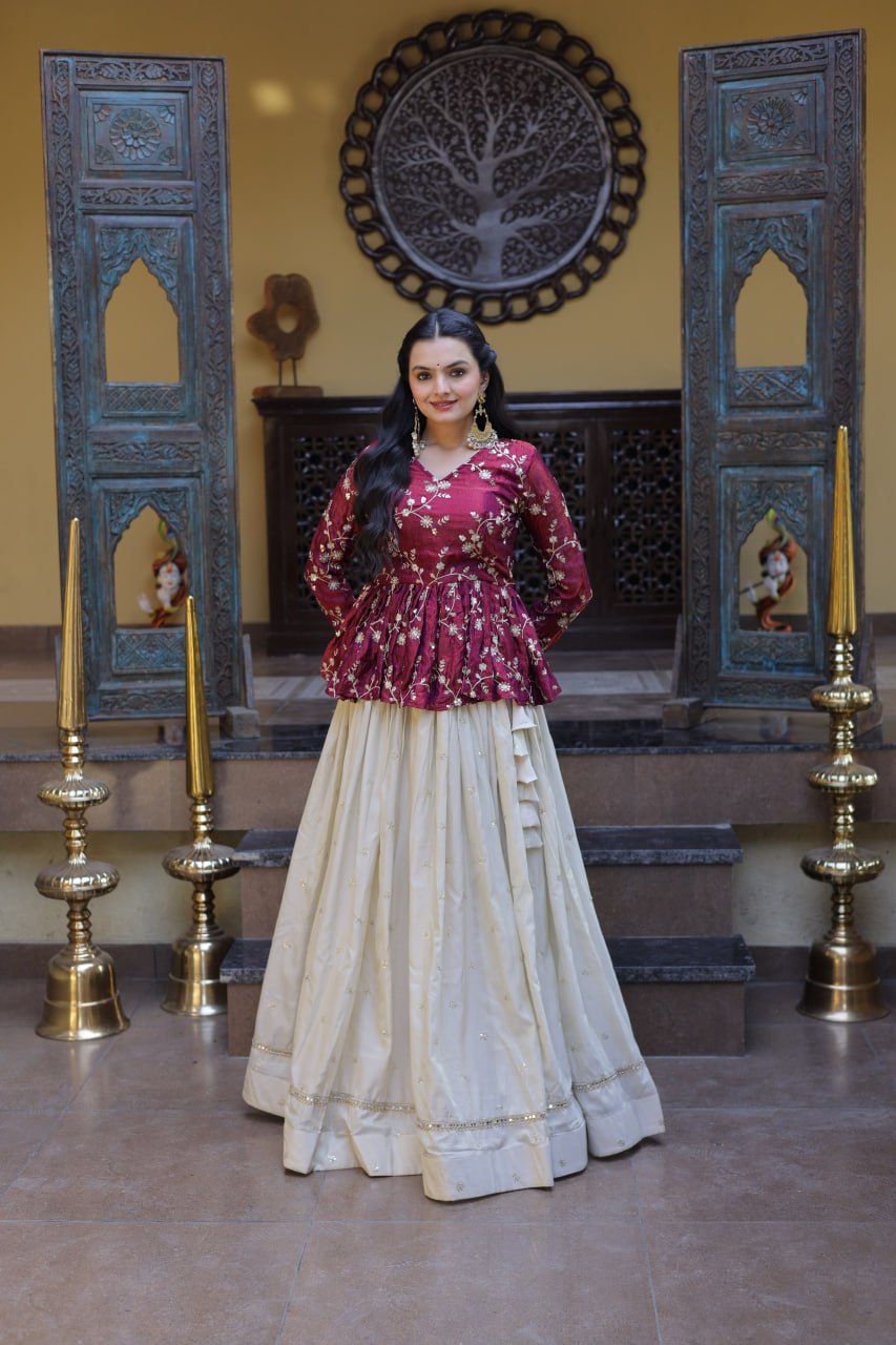 Offwhite Cosmos Lehenga Choli with Sequins and Mirror Lace Work