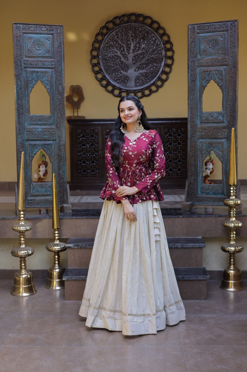 Offwhite Cosmos Lehenga Choli with Sequins and Mirror Lace Work