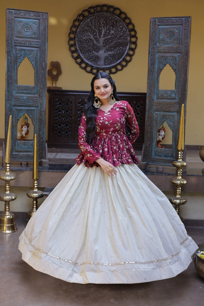 Offwhite Cosmos Lehenga Choli with Sequins and Mirror Lace Work