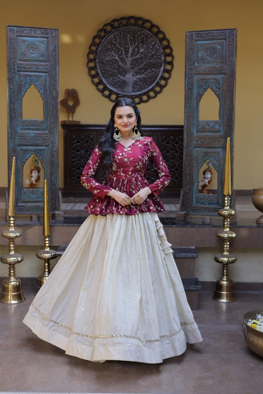 Offwhite Cosmos Lehenga Choli with Sequins and Mirror Lace Work