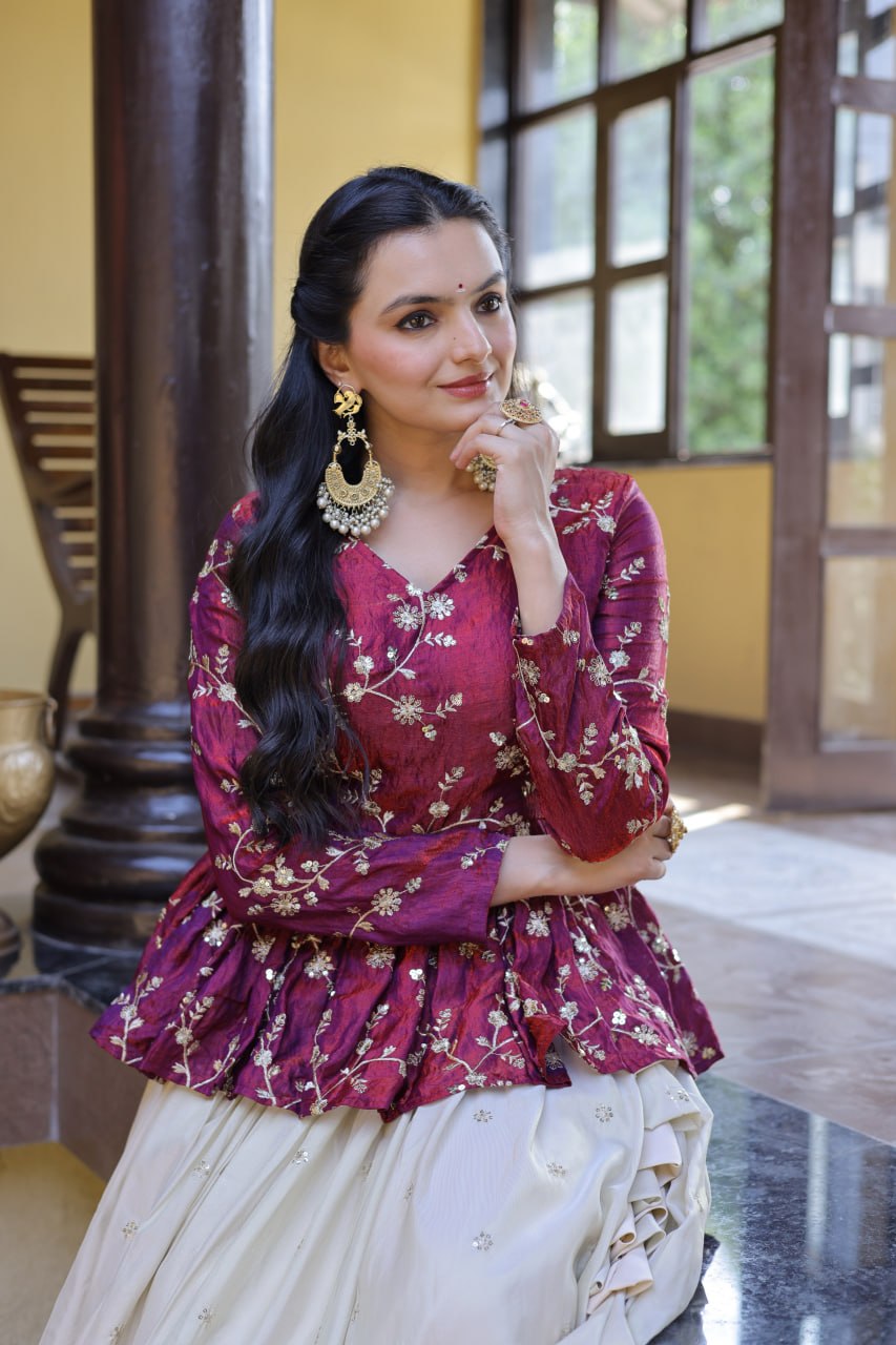 Offwhite Cosmos Lehenga Choli with Sequins and Mirror Lace Work