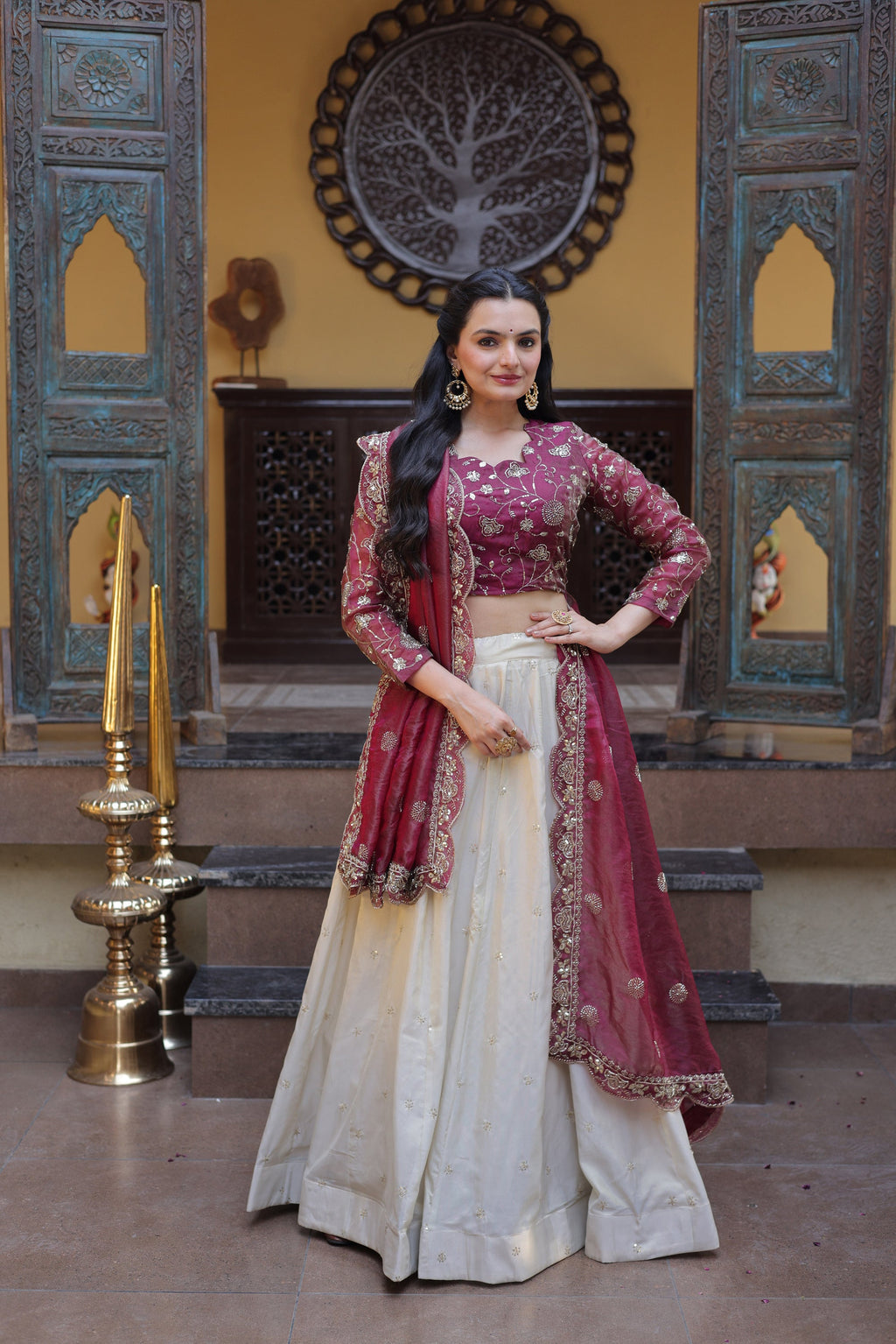 Magenta Cosmos fabric lehenga choli set with zari and sequins embroidery