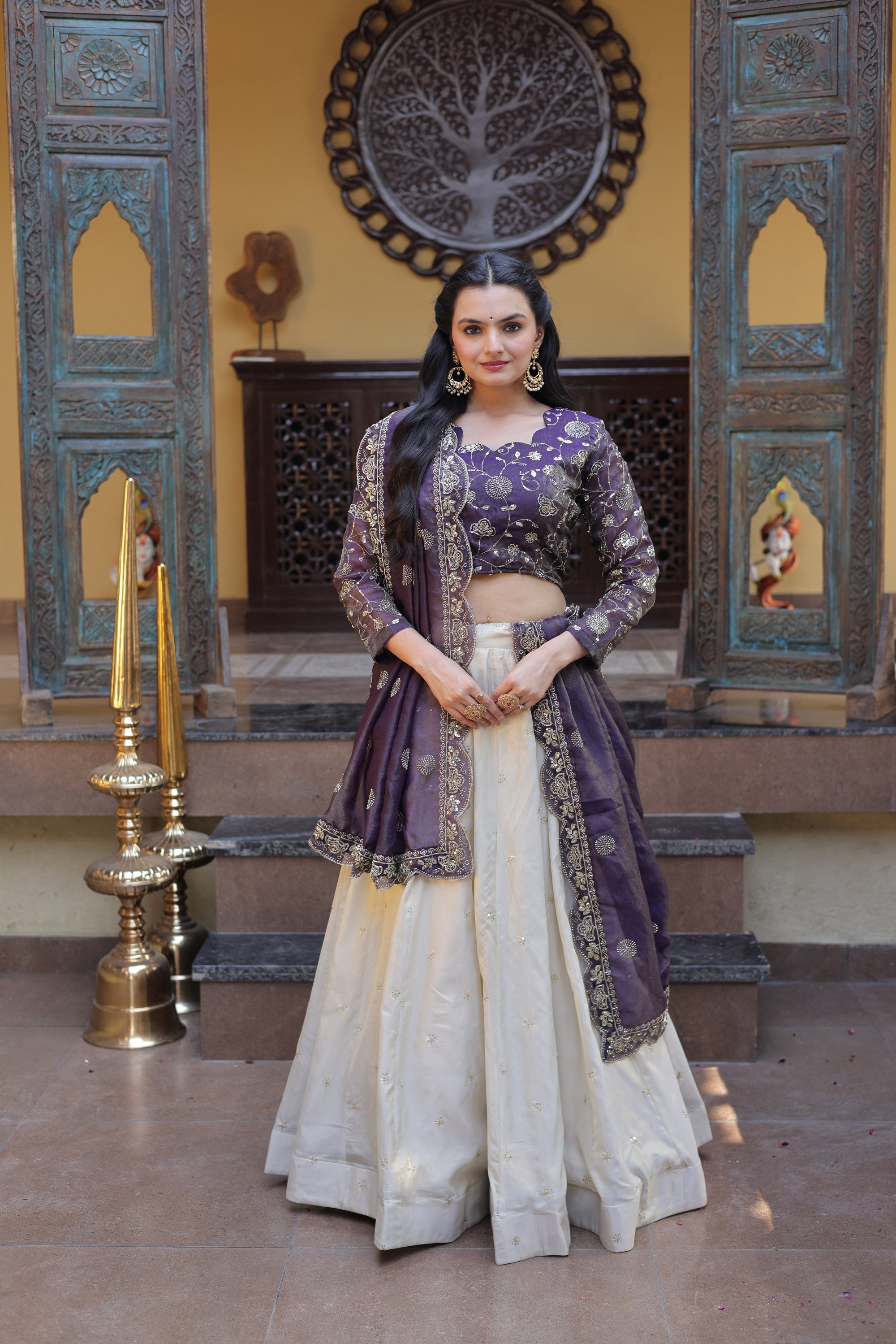 Purple Cosmos fabric lehenga choli set with zari and sequins embroidery