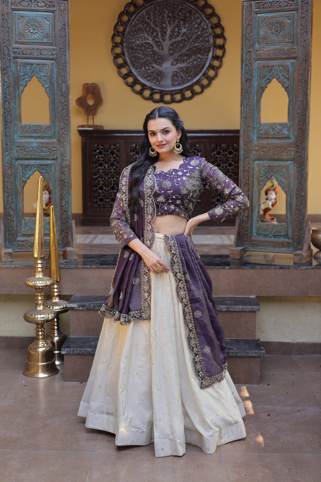 Purple Cosmos Fabric Embroidered Lehenga Choli with Dupatta