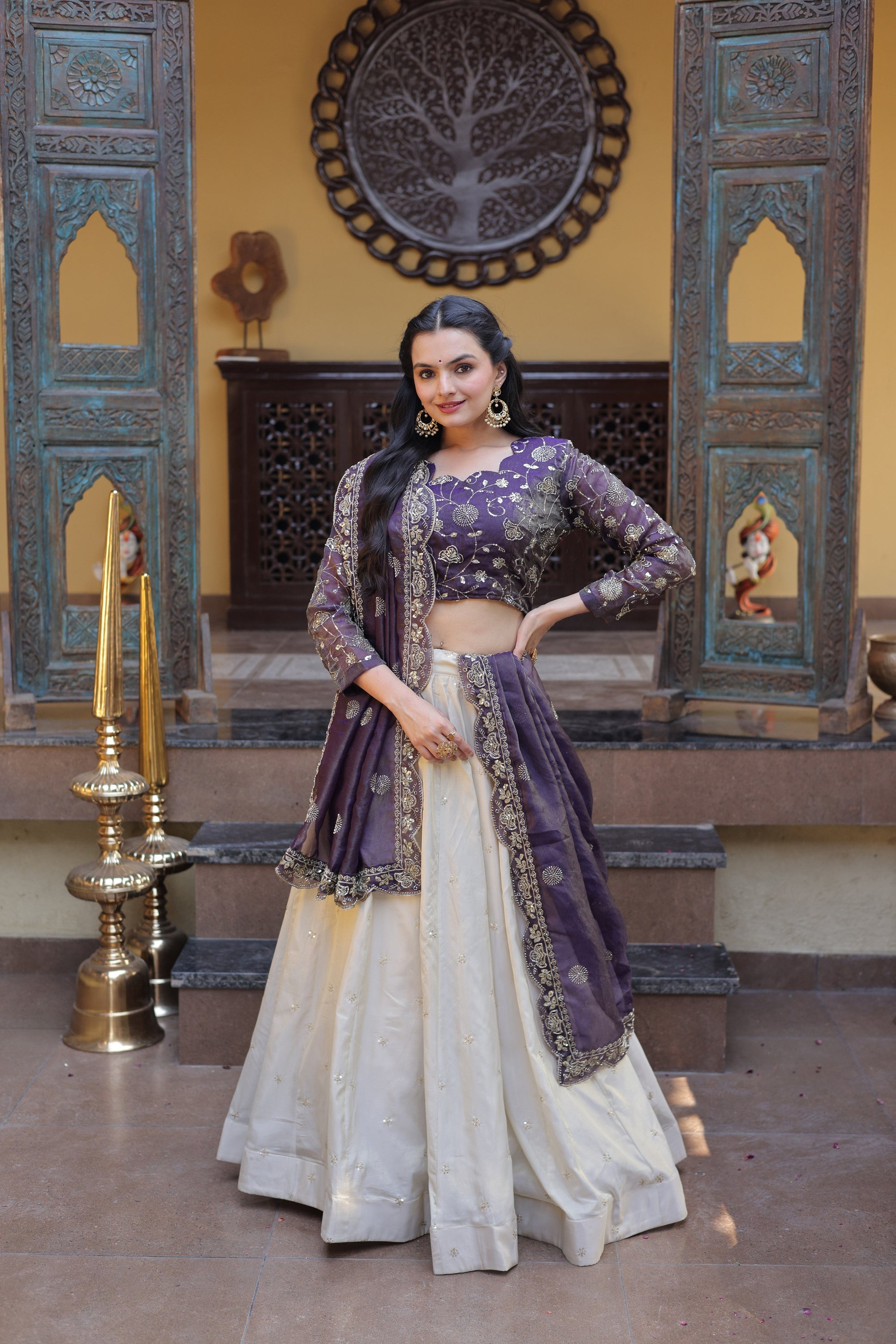 Purple Cosmos Fabric Embroidered Lehenga Choli with Dupatta