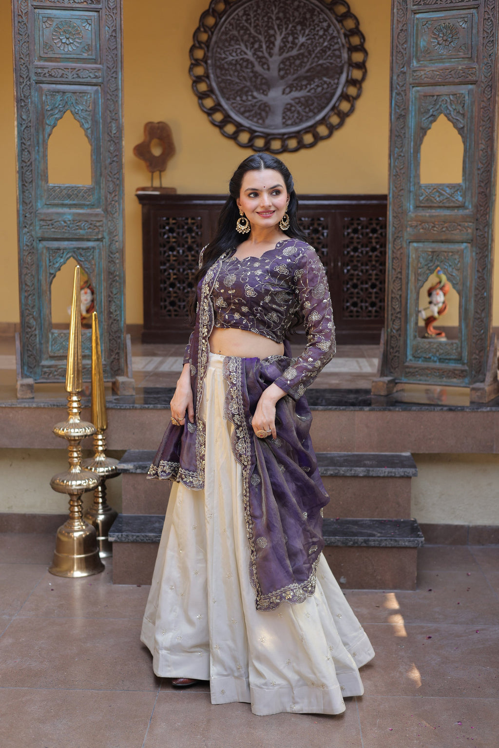 Purple Cosmos Fabric Embroidered Lehenga Choli with Dupatta