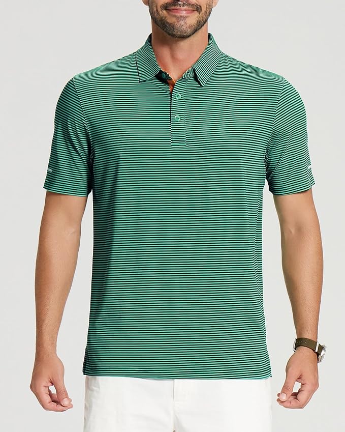 Men's Striped Golf Polo Shirt - Moisture Wicking Performance Sport