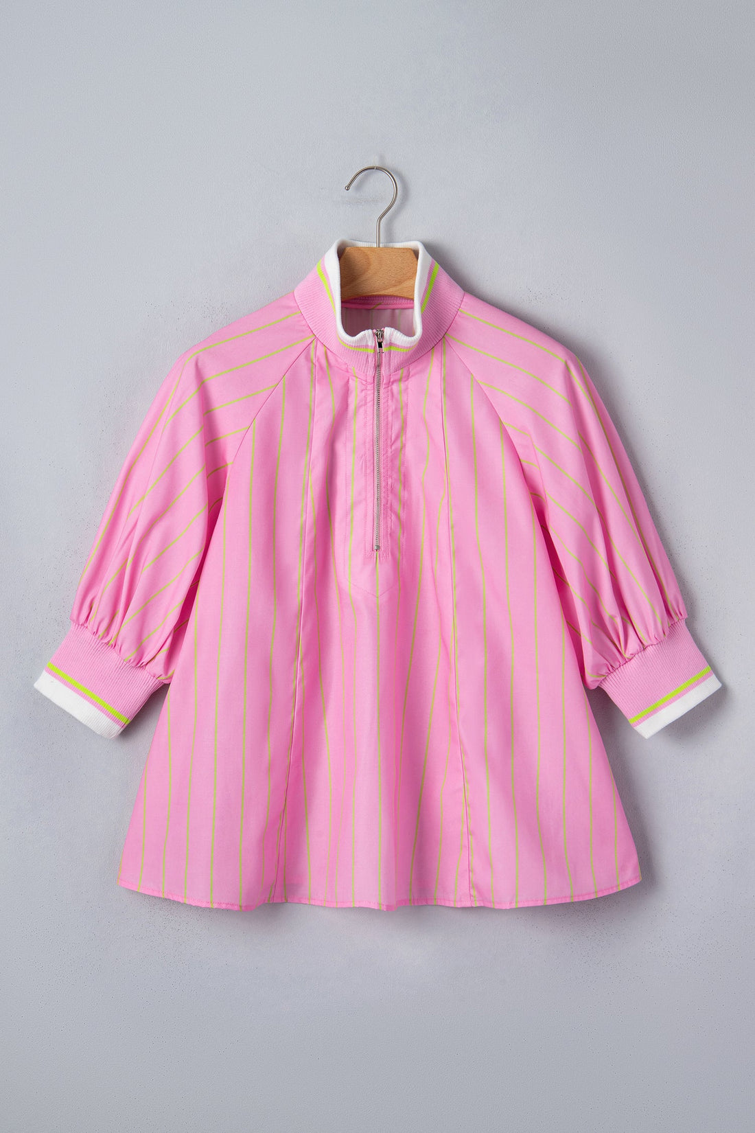 Stripe Half Zip Collared Blouse with 3/4 Sleeves
