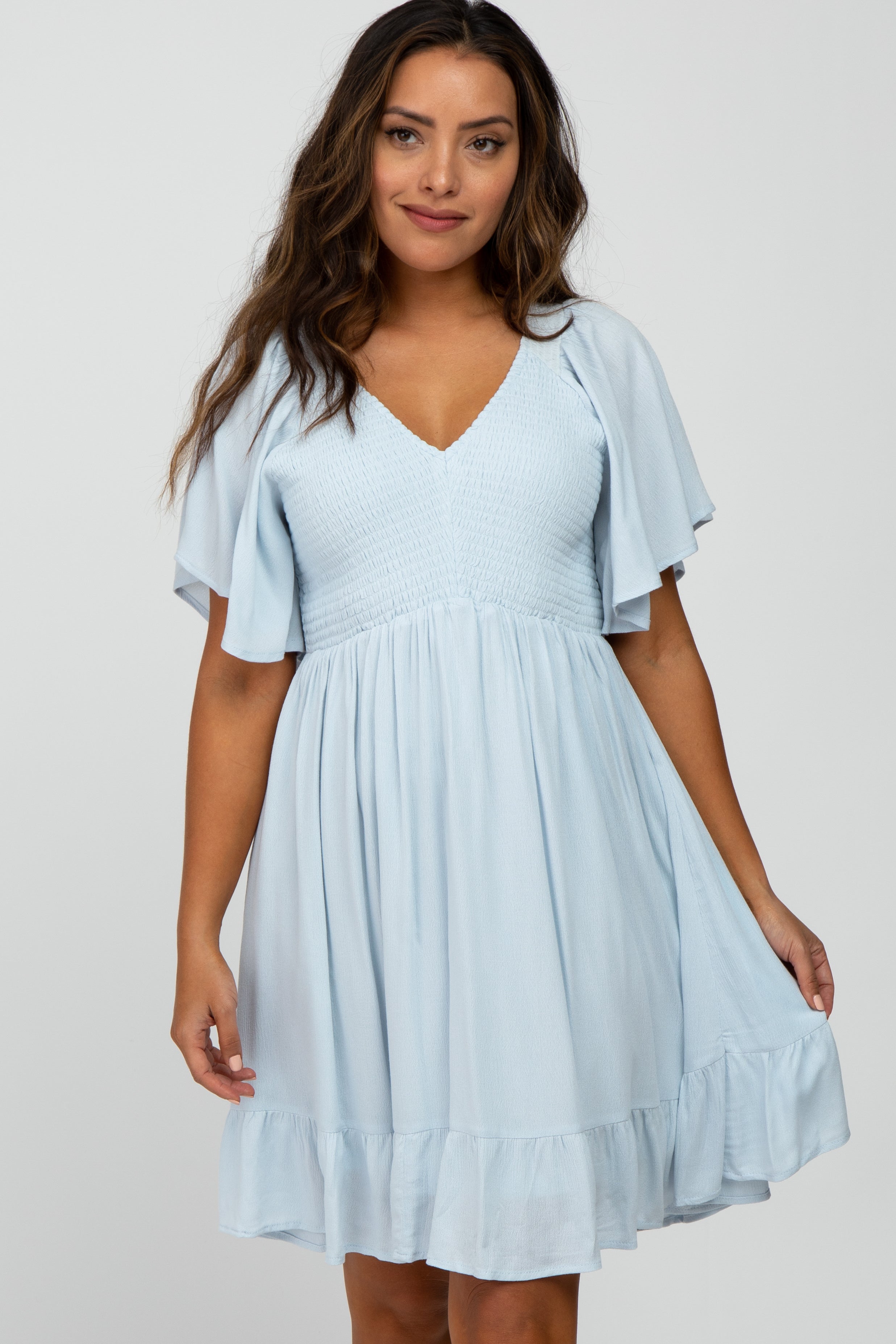 Light Blue Smocked Front Ruffle Hem Maternity Dress