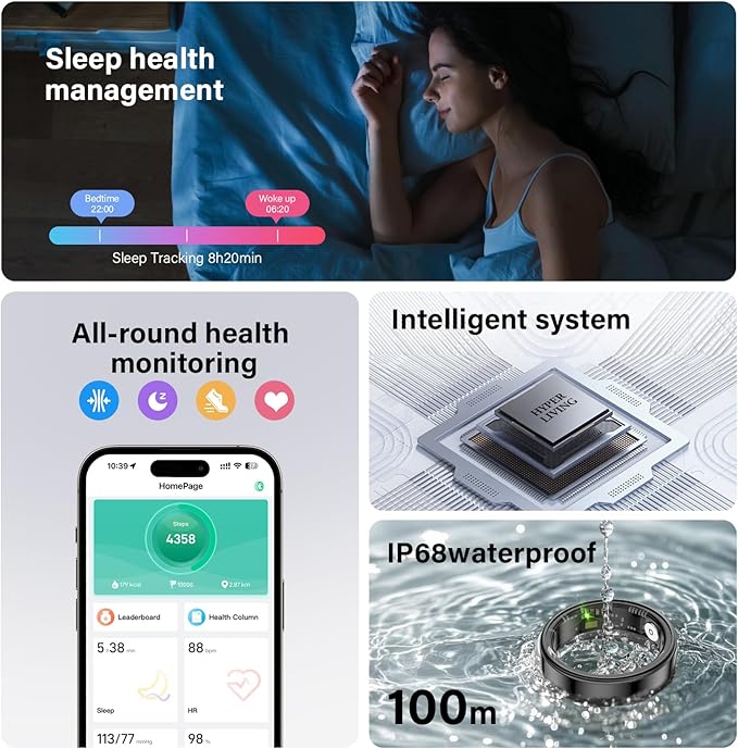 Smart Ring Health Tracker, Fitness Sleep and Heart Rate Monitor Smart Ring, Waterproof Bluetooth Fitness Tracker Ring IPX68 Waterproof (Rose Gold, 10)