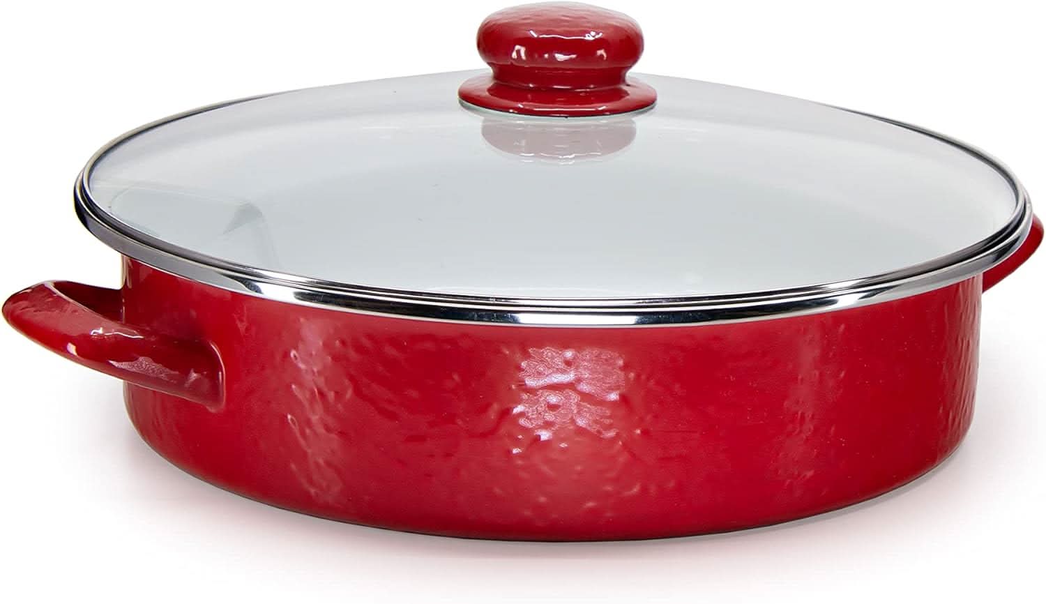 Golden Rabbit 5 qt Saute Pan in Solid Red with matching lid, viewed from the side