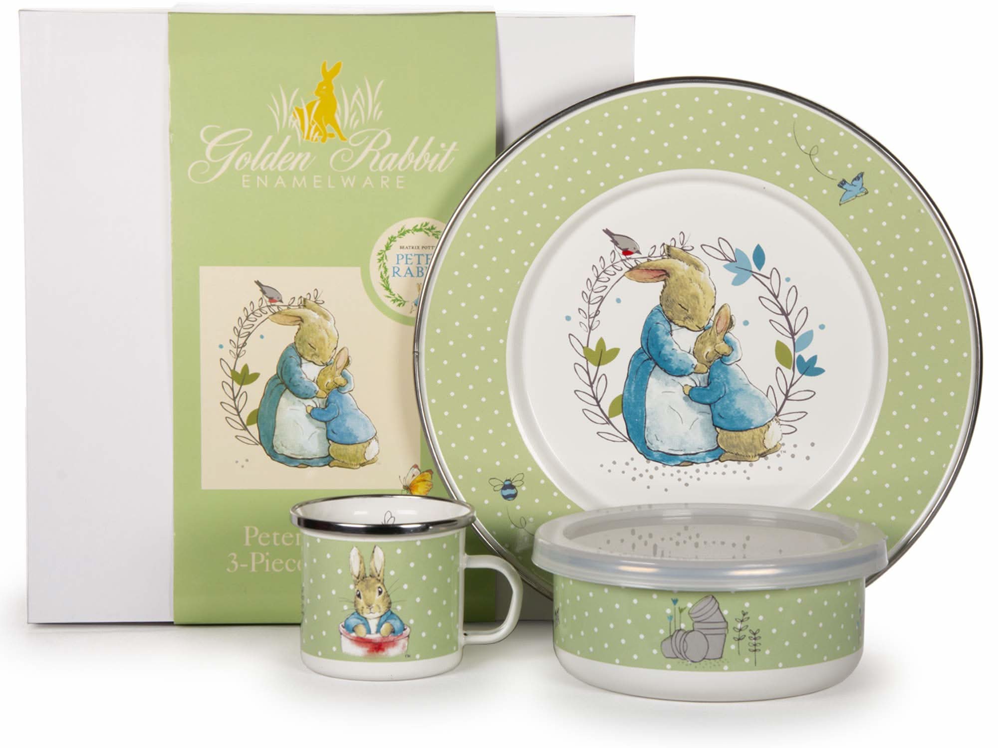 Golden Rabbit 3-piece enamelware child dinner set including a mug, bowl, and plate in a gift box