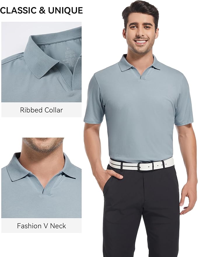 Men's Soft Cotton Blend V-Neck Golf Polo Performance Shirt