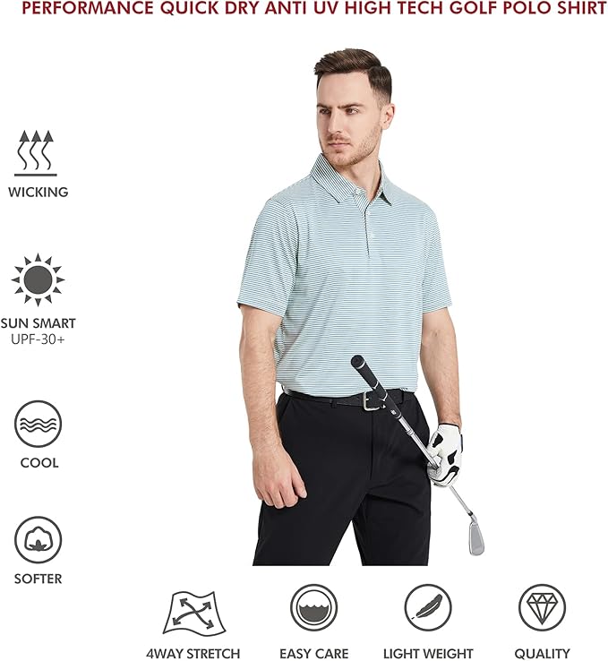 Men's Striped Performance Golf Polo Shirt Moisture Wicking Dry Fit