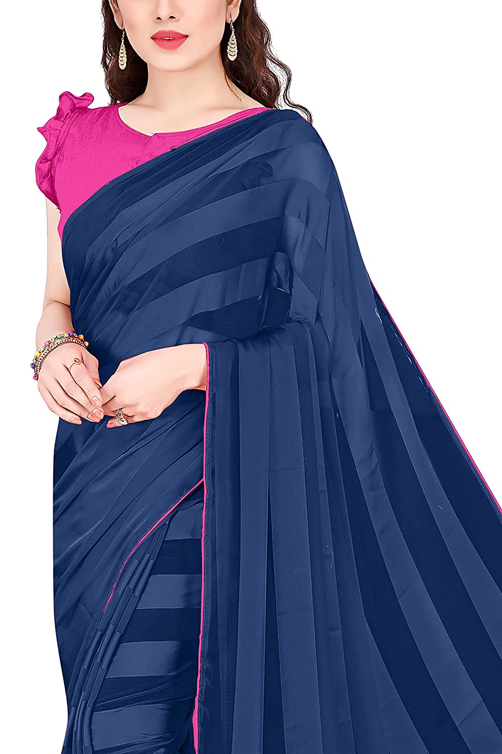 Women's Georgette Saree with Satin Stripes and Contrast Border