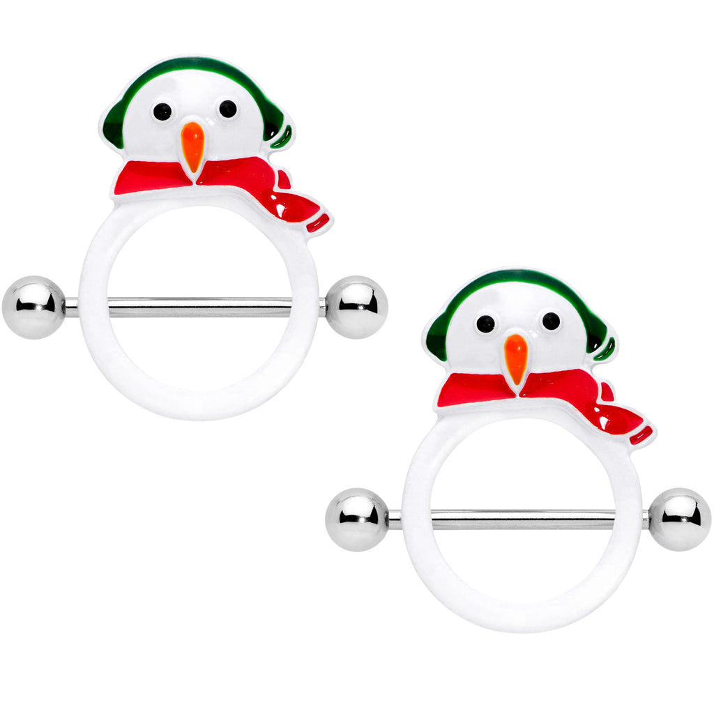 A pair of Winter Snowman Christmas nipple shields featuring 14G straight barbells and an enamel snowman motif with a red scarf.