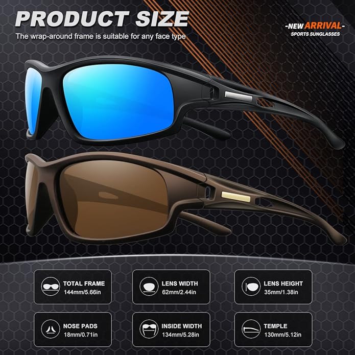 Polarized Sports Sunglasses for Men 100% UV Protection Wrap Around Unbreakable Sun Glasses for Fishing Driving